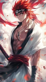 Scarlet-haired warrior amid swirling petals and clouds.