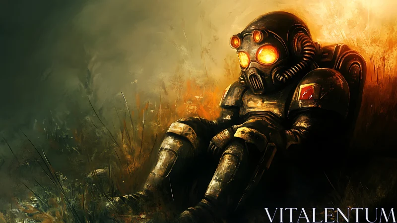 Desolate armored soldier resting in burning twilight field.