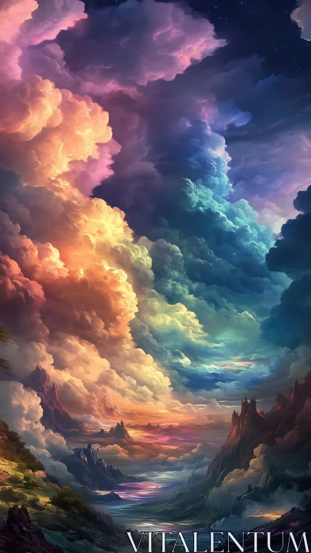 Radiant fantasy sky over luminous painted valleys. Period.