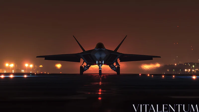 Midnight runway vigil with a lone stealth jet waiting.