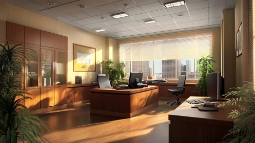 Modern executive office with wood furniture and city view.