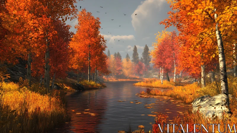 River runs through dense forest of bright autumn trees