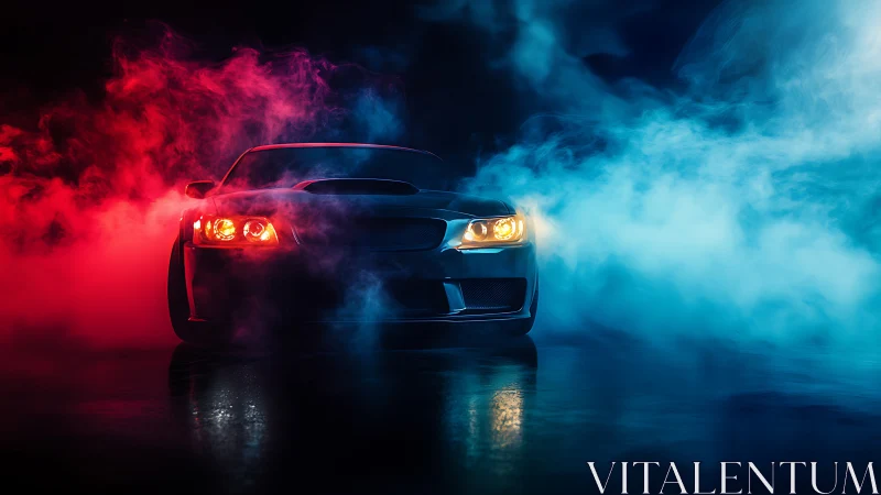 Sport coupe cuts through red and blue cinematic smoke