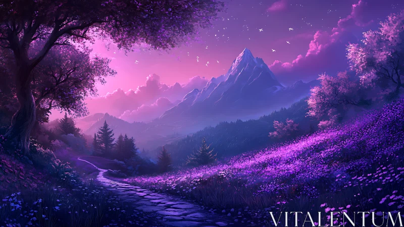 Dreamy twilight path through glowing violet mountain meadows.