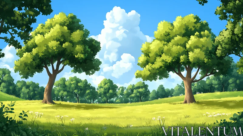 Sunlit deciduous meadow under cumulus cloud formation, midday