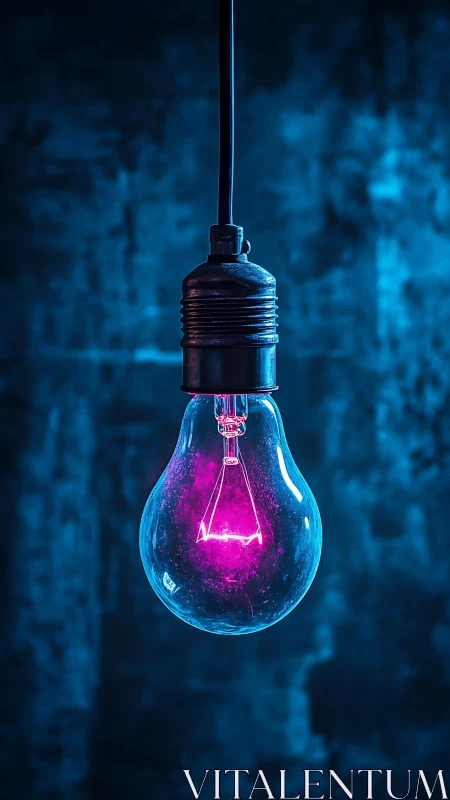 Neon light bulb with glowing pink core on blue background.