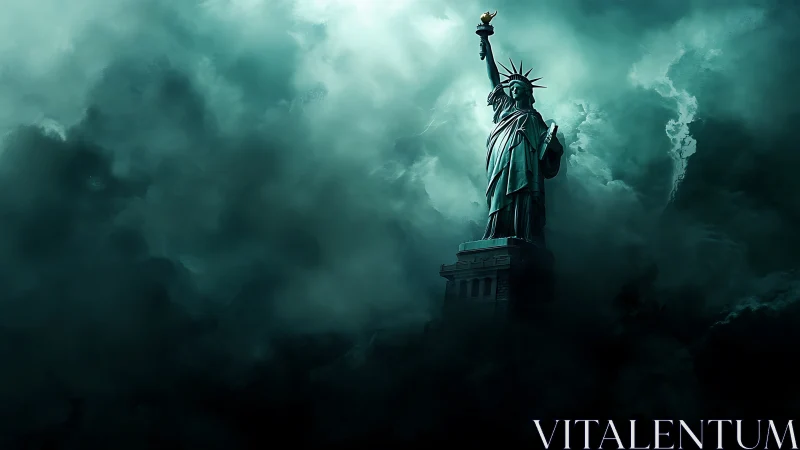 Statue of Liberty rising through dense teal storm clouds