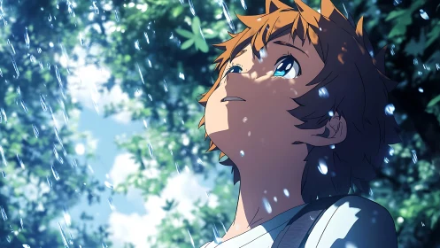 Anime forest portrait under rain with luminous bokeh focus.