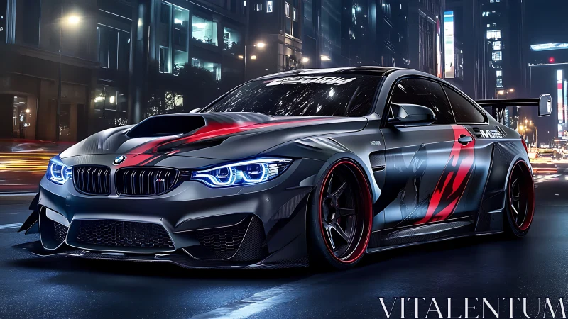 Neon city streets welcome a bold midnight racing machine.