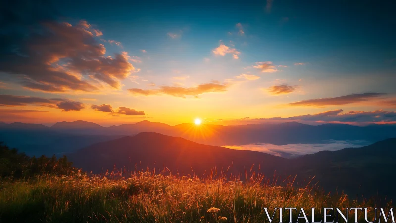 Sunrise stitches molten light across layered mountain veils