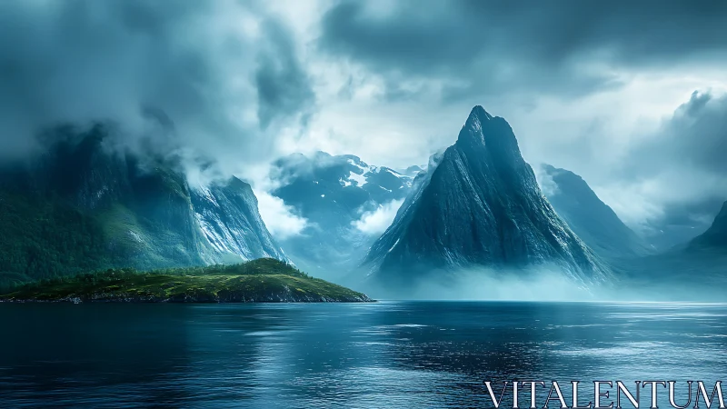 Misty Mountain Fjord Landscape Under Dramatic Skies.