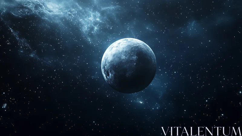 Quiet blue planet drifting through a star-salted night sky.