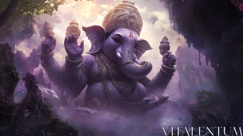 Majestic Ganesha deity rises in mystical violet jungle mist