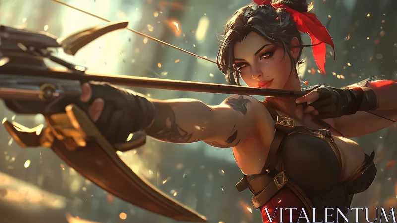 Focused female archer aiming crossbow in glowing battle scene