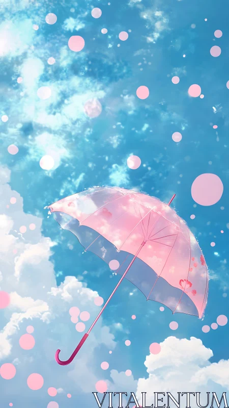 Translucent pink umbrella drifting through luminous cloudscape