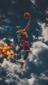 Dynamic skyward basketball dunk amid dramatic storm clouds