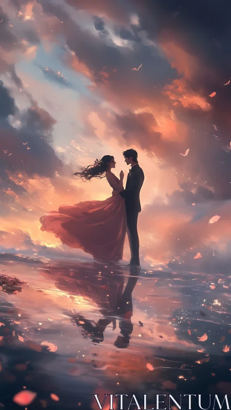 A Couple's Enchanted Moment Under the Glowing Sunset Sky.