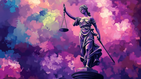 Blind Lady Justice glows against prismatic storm clouds.