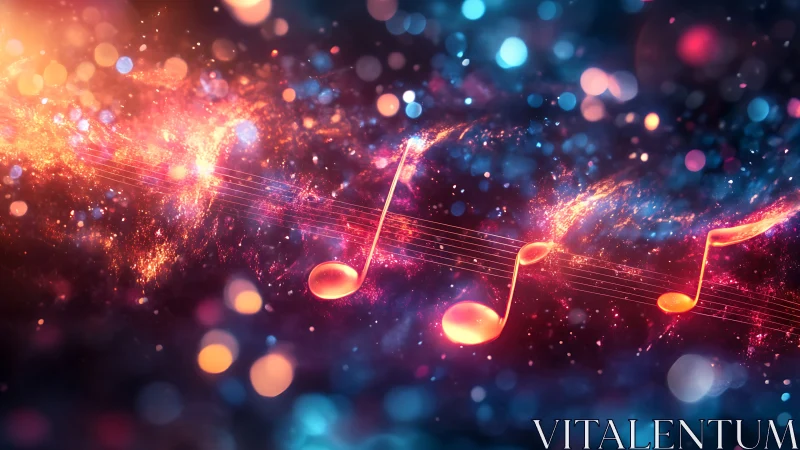 Luminous musical notes flow through cosmic color nebula