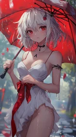Scarlet umbrella girl in rain with vivid anime realism.