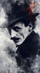 Digital painting portrait with noir smokewash textural field.