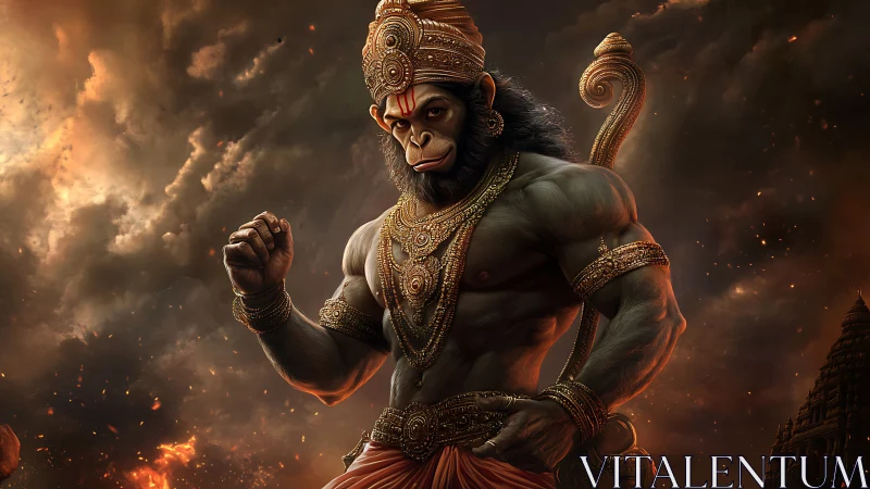 Heroic monkey warrior stands strong in glowing storm light.