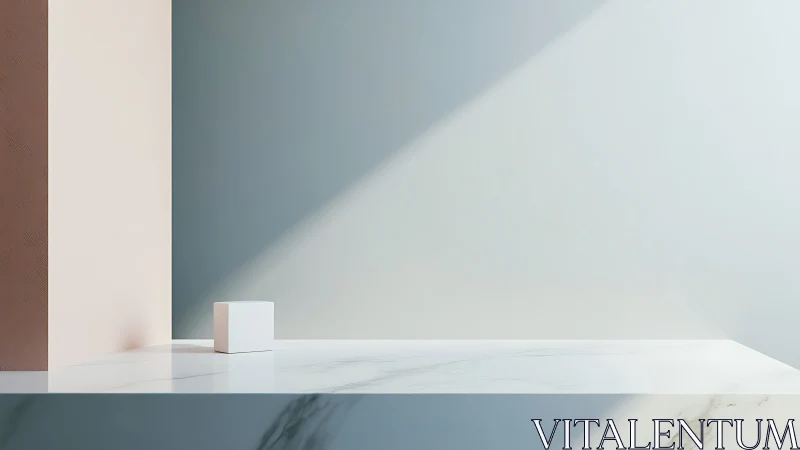 Geometric cube on marble surface under angled daylight