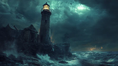 Stormy coastal lighthouse illuminates dark turbulent seascape