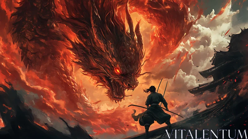 Fiery dragon confronts lone samurai in storm-lit temple skies