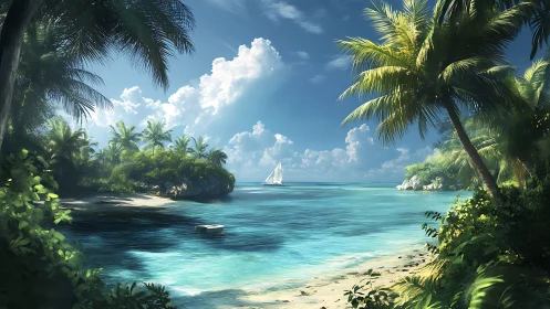 Tropical lagoon with sailboat viewed through palm vegetation.