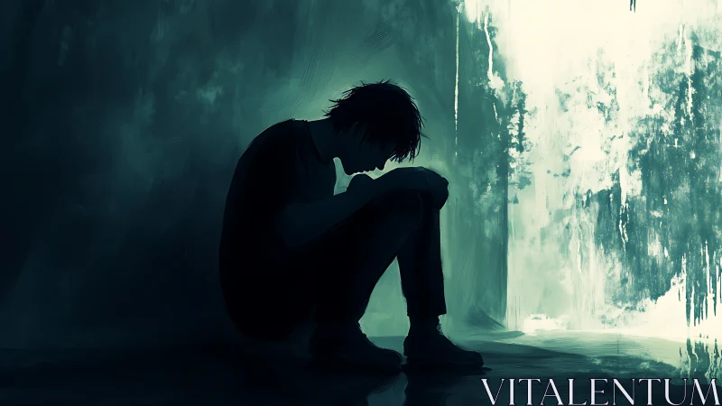 Silhouetted figure in teal chiaroscuro conveys isolated introspection