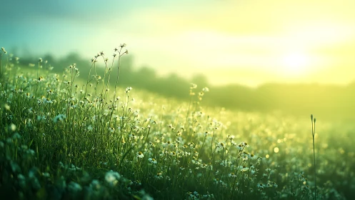 Backlit wildflower meadow captures luminous dawn atmosphere