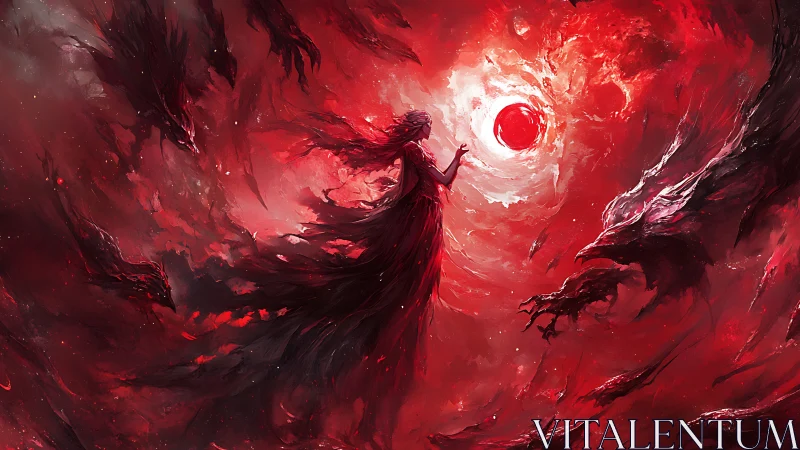 Scarlet sorceress commands swirling cosmic storm of shadows.