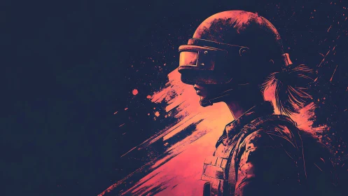 Neon dusk warrior in visor helm amid erupting paintstorms.