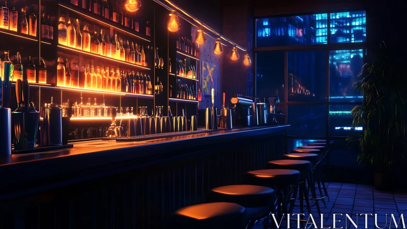 Golden bar lights glow softly against the cool city night