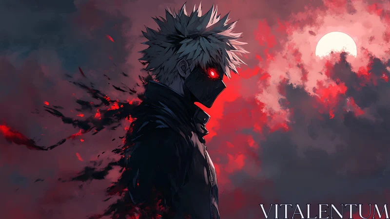 Masked anime figure under red sky and bright full moon.