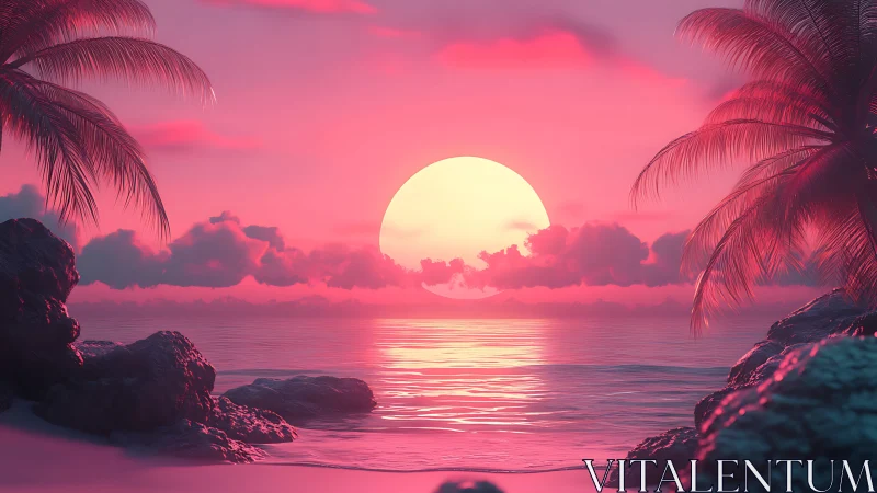 Neon lagoon sunset bathing palm silhouettes in cotton skies.