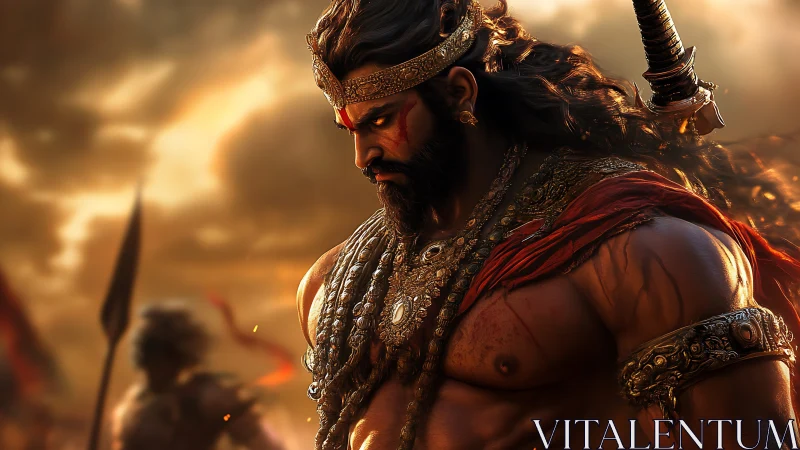 Warrior in ornate armor on battlefield at sunset.