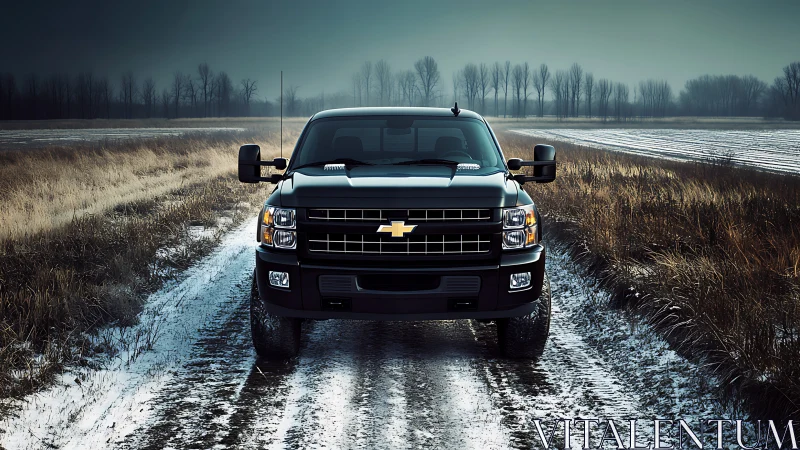 Front view heavy-duty pickup on frozen rural dirt road at dusk