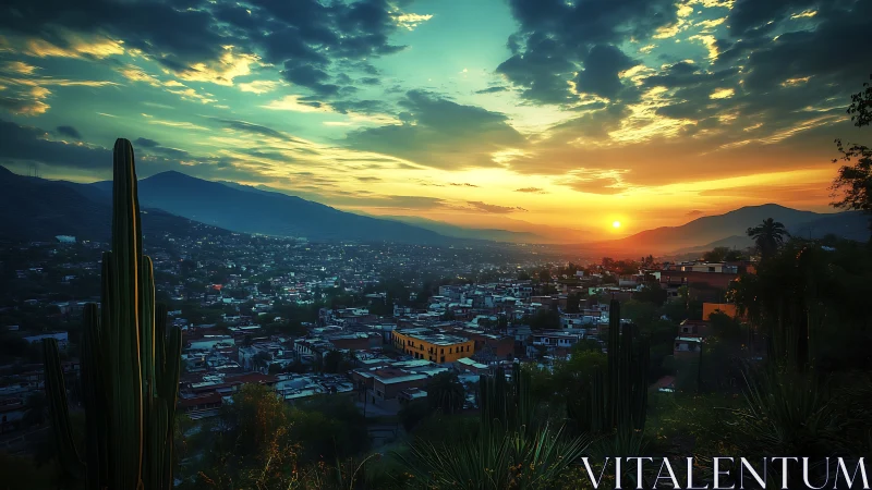 Sun sets over valley city with cacti in foreground view