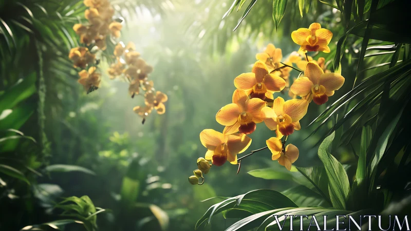 Sunlit golden orchids glowing in a tranquil jungle haven.