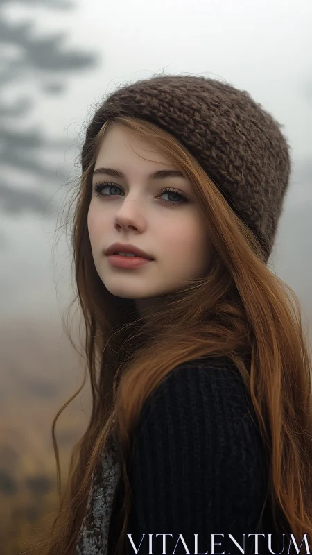 Young woman in knit hat against soft foggy landscape.