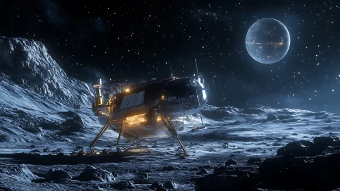 Lunar lander glows on icy moonscape beneath jeweled planet.