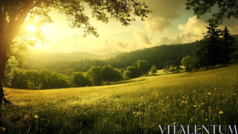 Sunlit meadow and distant forested hills at sunset.