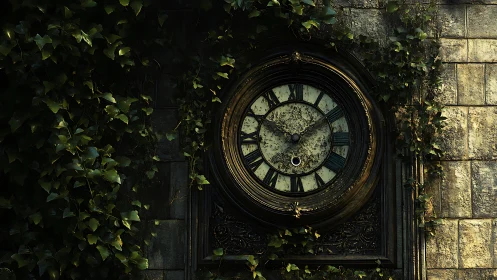 Photorealistic ivy-clad antique clock on aged stone wall.