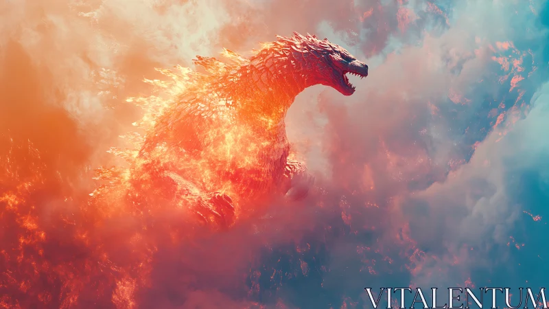 Molten kaiju silhouette emerging through infernal stormclouds