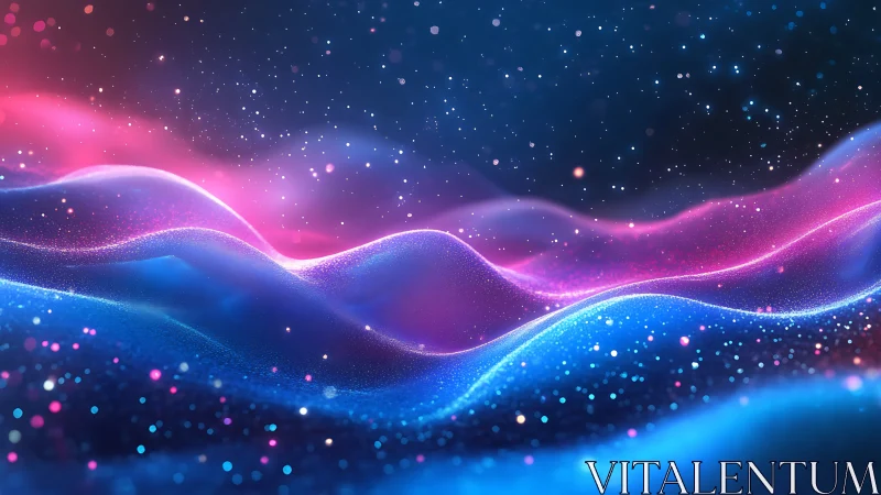 Colorful neon particle waves form glowing abstract landscape
