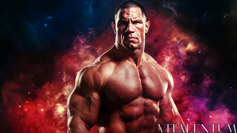 Muscular warrior portrait amid fiery cosmic smoke clouds.