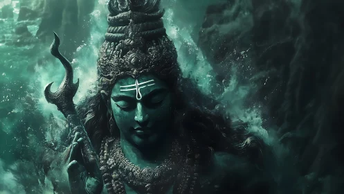 Divine ocean deity emerges in swirling teal storm waters.
