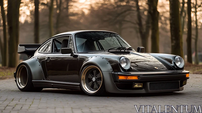 Midnight widebody classic prowling a misty forest lane.